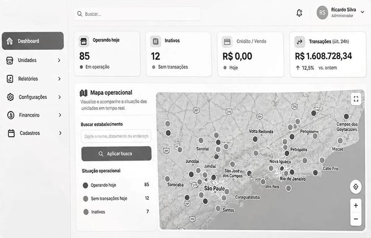 Mapa operacional do sistema Vileve com os estabelecimentos por região
